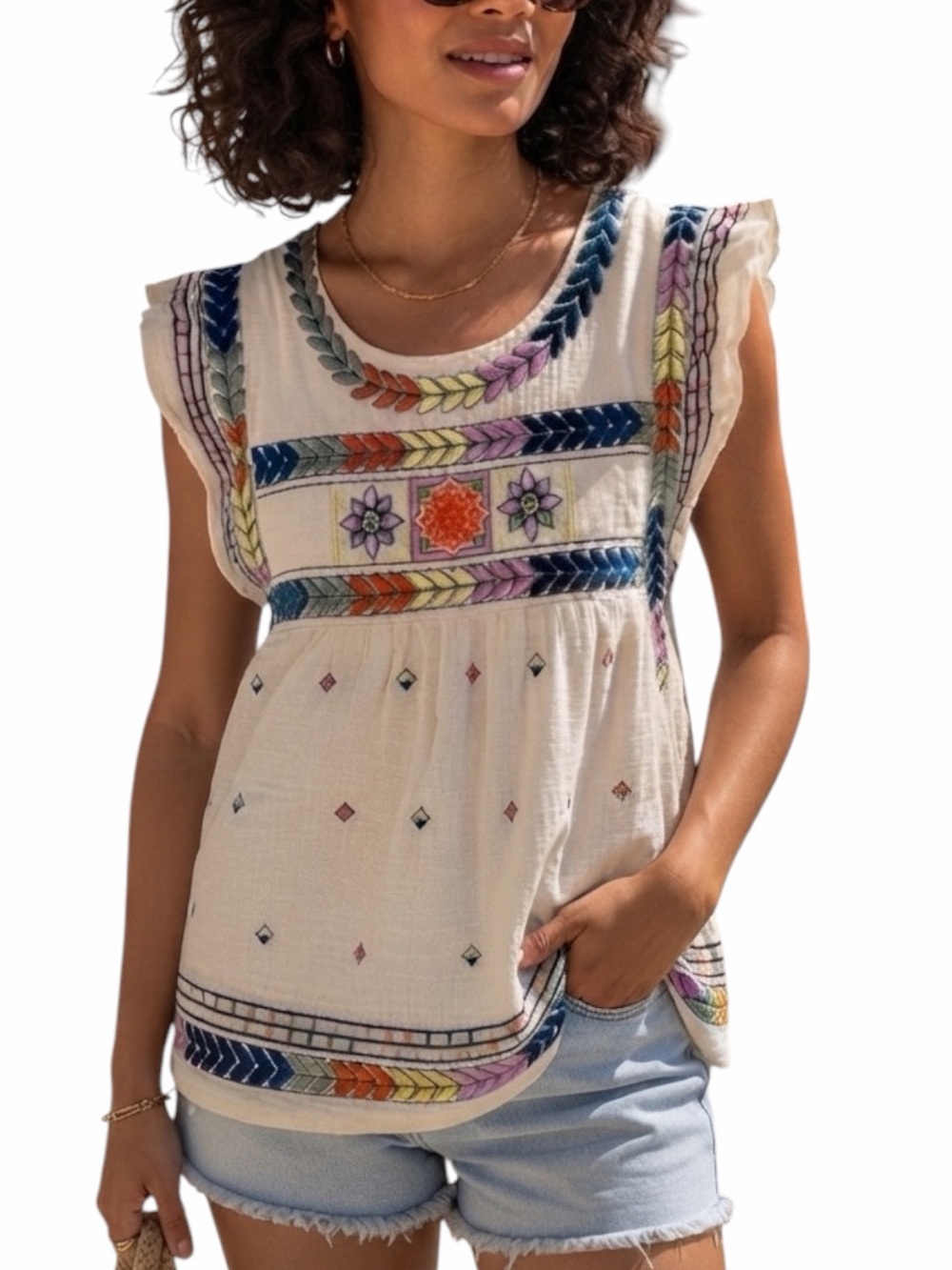 En Creme Boho Embroidered Flutter Sleeve Babydoll Top Cream Size Large